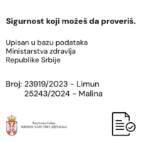 Informacija o upisu u bazu podataka Ministarstva zdravlja Republike Srbije i broju 23919/2023 i 25243/2024, uz logo ministarstva i ikonu dokumenta