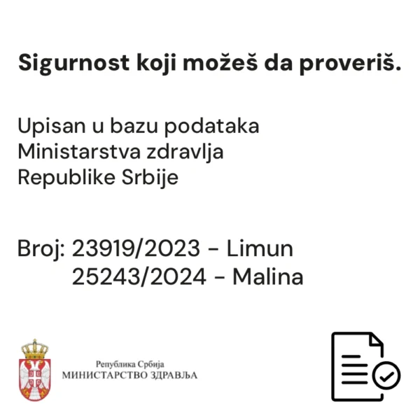 upis-u-bazu-podataka-kolagen-limun-malina Informacija o upisu u bazu podataka Ministarstva zdravlja Republike Srbije i broju 23919/2023 i 25243/2024, uz logo ministarstva i ikonu dokumenta