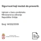 Informacija o upisu u bazu podataka Ministarstva zdravlja Republike Srbije i broju 14120/2019, uz logo ministarstva i ikonu dokumenta