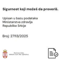 Informacija o upisu u bazu podataka Ministarstva zdravlja Republike Srbije i broju 27113/2025, uz logo ministarstva i ikonu dokumenta