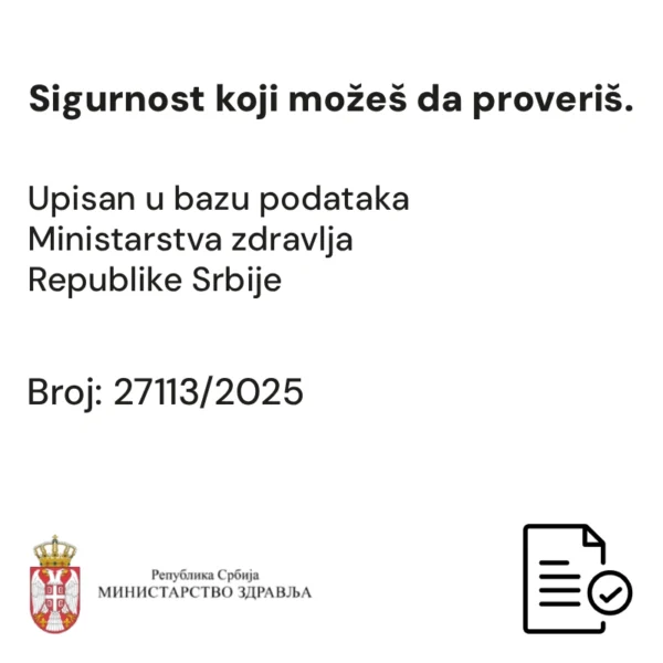 upis-u-bazu-podataka-Inozitol-Balans Informacija o upisu u bazu podataka Ministarstva zdravlja Republike Srbije i broju 27113/2025, uz logo ministarstva i ikonu dokumenta