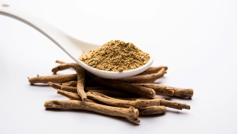 Prah ašvagande u kašici sa sušenim korenom u pozadini – prirodni biljni suplement za stres, energiju i imunitet.