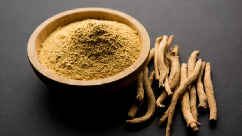 Drvena činija sa prahom ašvagande, pored koje se nalaze osušeni korenovi biljke na tamnoj podlozi.