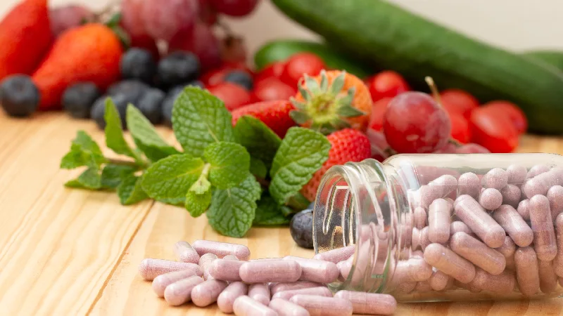 Kapsule suplemenata prosute iz bočice pored svežeg voća i povrća na drvenoj podlozi, koncept zdrave ishrane i prirodnih dodataka ishrani