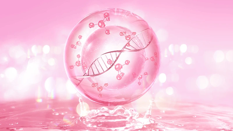 Ilustracija DNK spirale i molekula u ružičastoj sferi iznad tečnosti, simbol regeneracije kože i kolagena