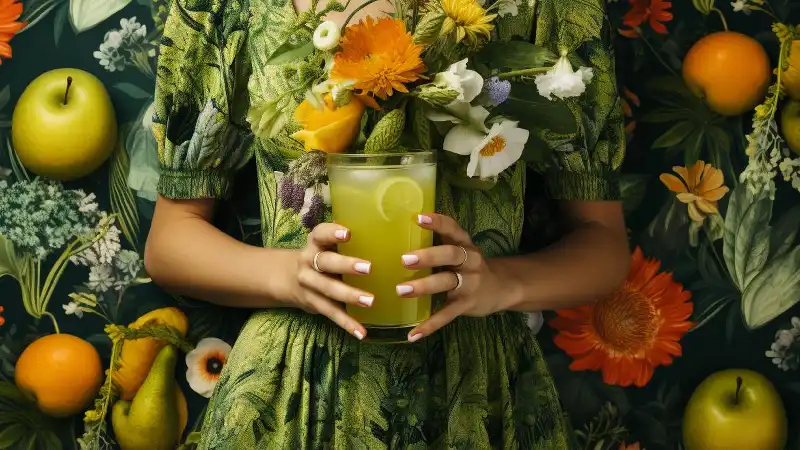 Osoba drži čašu zelenog soka sa limunom, okružena voćem i cvećem, simbol prolećnog čišćenja organizma, detoksikacije i podrške zdravlju jetre