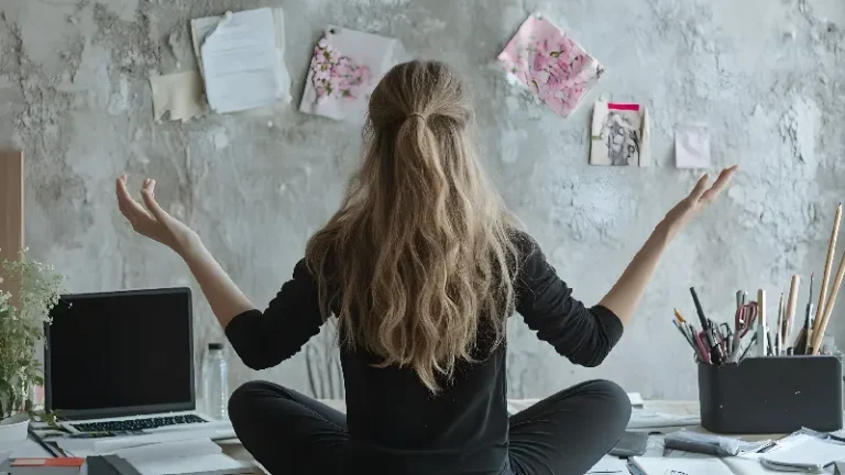 Osoba meditira za radnim stolom okružena obavezama, simbol stresa, mentalne napetosti i potrebe za prirodnom podrškom, uz fokus na vitanolide i ravnotežu organizma.