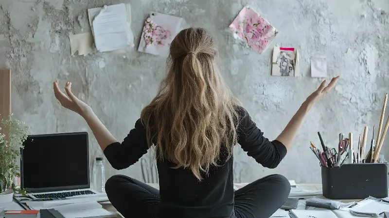 Šta su vitanolidi i zašto su važni kada birate ašvagandu? 1 Osoba meditira za radnim stolom okružena obavezama, simbol stresa, mentalne napetosti i potrebe za prirodnom podrškom, uz fokus na vitanolide i ravnotežu organizma.