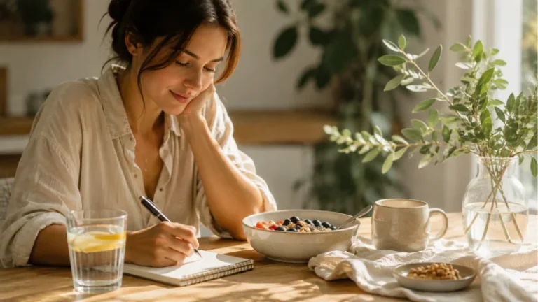 Žena sedi za stolom uz uravnotežen doručak, vodu i svesku, ilustracija zdravih jutarnjih navika kao podrške kod insulinske rezistencije, mio-inozitola i stabilnijeg nivoa šećera u krvi.