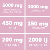 Tabela sa satojcima Collagen Complex ukus jagode - 6 u 1 kolagen kompleks sa glukozaminom, hondroitinom, MSM, vitamin D3 i C