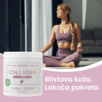 Collagen Max6000 Complex sa ukusom jagode uz ženu koja meditira – podrška koži i pokretljivosti zglobova